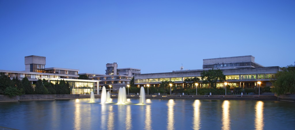 UCD at night looking towards the Newman and James Joyce Library Buildings