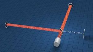 An animation of a LIGO interferometer – Lasers are shone down two perpendicular arms and reflected off mirrors,where they travel back long the arms and meet again.. The detected waves are compared to models for neutron star and black hole mergers.