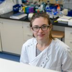 UCD College of Science, chemistry labs, Niamh in her lab, wearing white coat and safety glasses